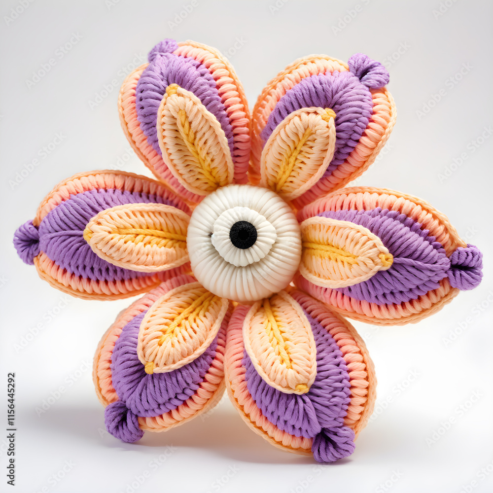 Naklejka premium A knitted soft toy in the form of a beautiful blooming flower, made of woolen threads in orange and white tones with purple inserts. White background.