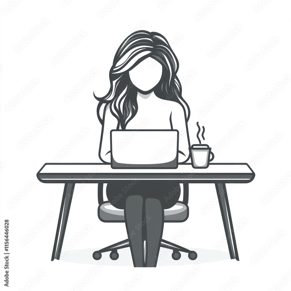 Woman with laptop at desk, vector illustration. Woman with laptop at desk, vector illustration.