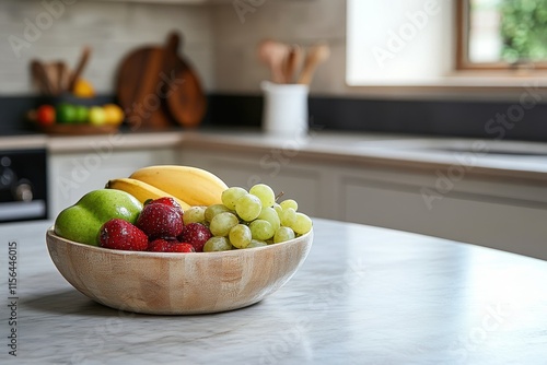 Fresh and Colorful Fruit Bowl in Modern Kitchen Setting with Bananas, Grapes, Strawberries, and Apples on Elegant Marble Tabletop