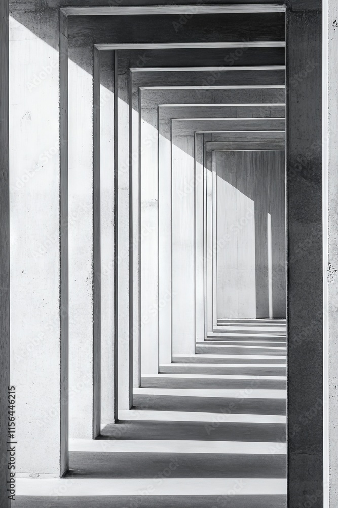 Obraz premium A striking monochrome image of a modern concrete corridor showcasing geometric shadows and light patterns.