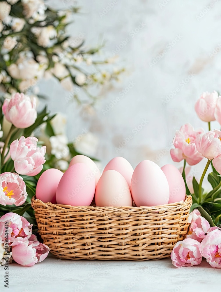 Pink Easter Eggs in Basket with Tulips Pink Easter Eggs in Basket with Tulips