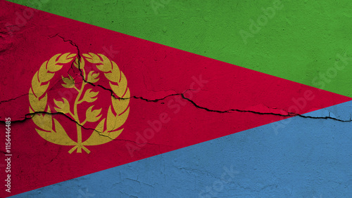 Eritrea flag on cracked wall background, flag with crack line photo