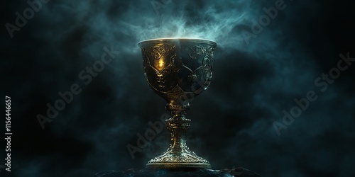 A gold cup with a dark background and smoke coming out of it. The cup is the main focus of the image and it gives off a mysterious and intriguing vibe photo