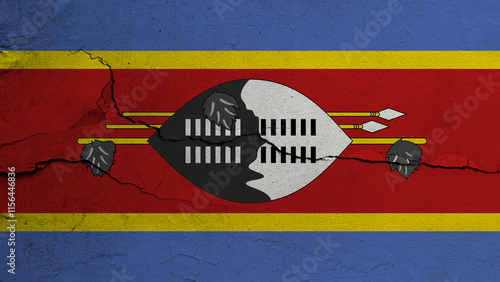 Eswatini flag on cracked wall background, flag with crack line photo