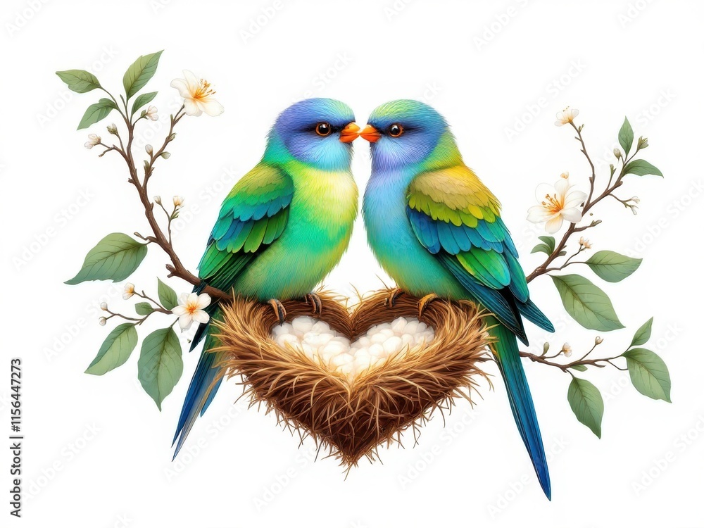 Fototapeta premium Two love birds in nest. For cute design, nature themes, love cards, romantic illustrations, spring.