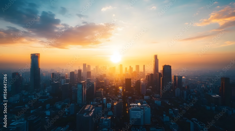 Fototapeta premium Golden Sunset Over City Skyline Illuminates Buildings