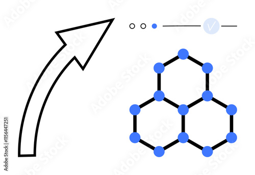 Upward pointing arrow, hexagonal molecular structure with blue nodes, three selection options. Ideal for scientific research, progress, development, growth, chemistry, decision-making innovation