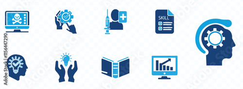 skills icon set. Containing communication, empathy, assertiveness, personality, problem-solving, creativity, punctuality and work ethics icons.