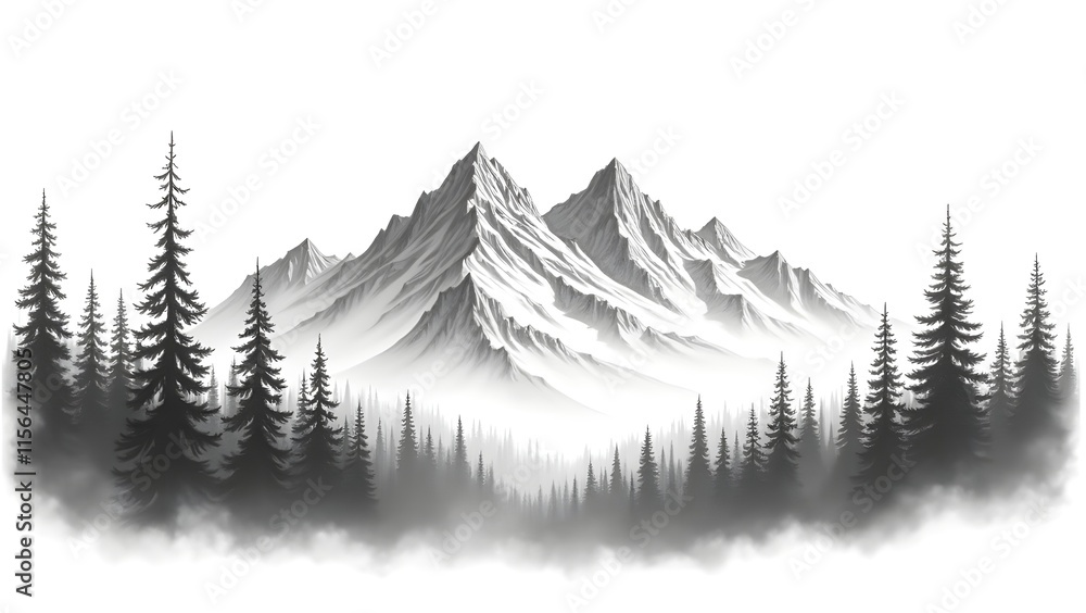 Fototapeta premium Black and White Sketch of Mountains Of Winter Seasons Covered with Snow, Beautiful Ice-Caped