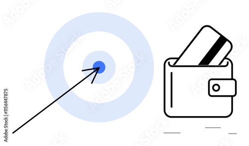 Arrow hitting center of target next to wallet with credit card. Ideal for financial planning, payment methods, budgeting, saving goals, credit management, investment strategies, business success