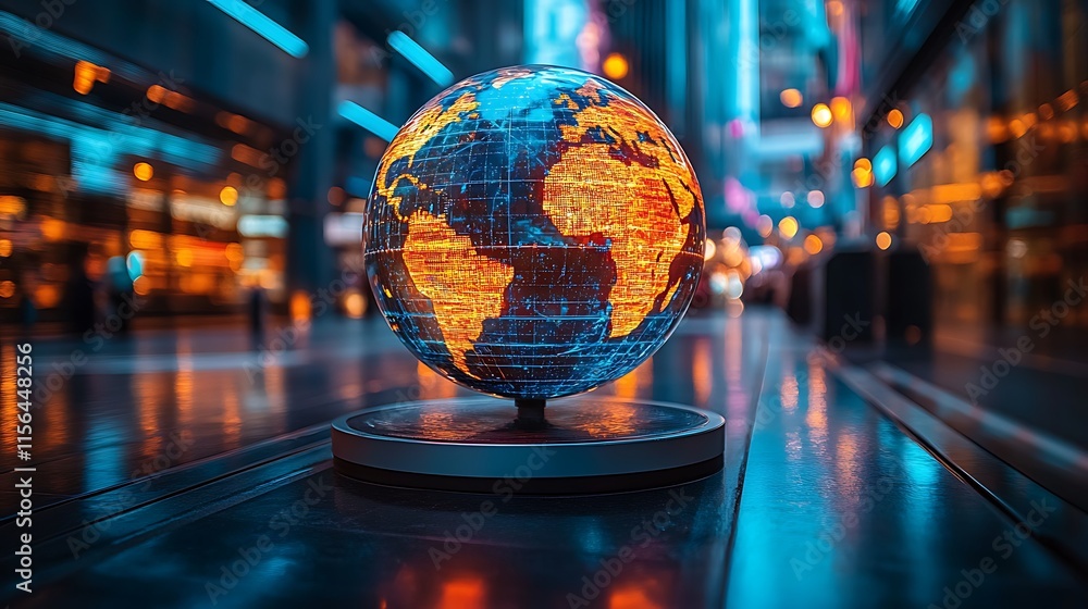Illuminated Globe Sits In City Street At Night Illuminated Globe Sits In City Street At Night