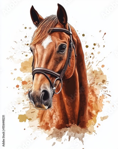 Majestic Chestnut Horse Portrait: A Watercolor Digital Painting photo