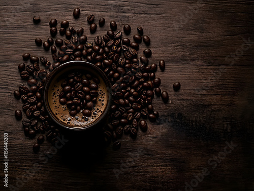 Coffee beans scattered on the table with one small cup photo