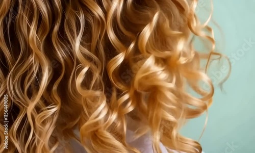 Close-up of curly hair against a soft green background.