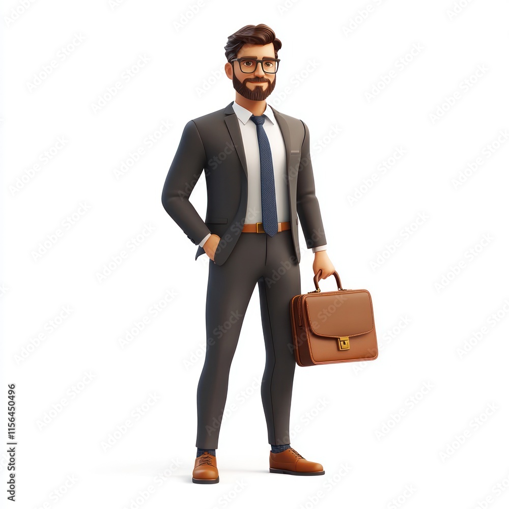 A businessman with a briefcase, wearing a suit and tie. vector style art 3d illustration Isolated on White Background A businessman with a briefcase, wearing a suit and tie. vector style art 3d illustration Isolated on White Background