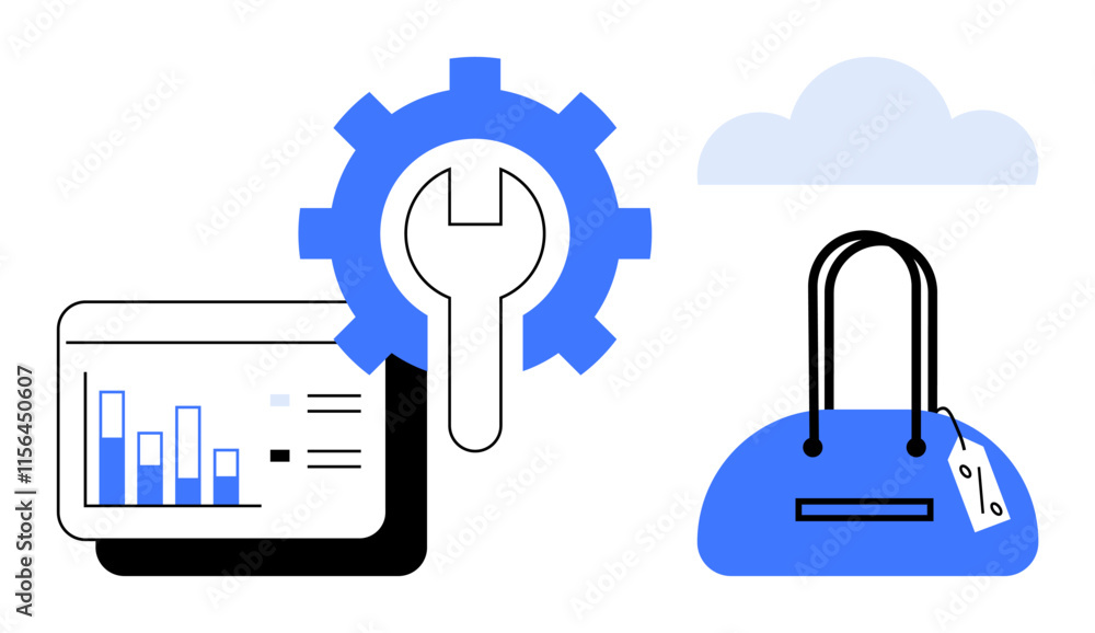 Graph with bar charts, gear with wrench, and shopping bag with tag and cloud. Ideal for e-commerce, retail analytics, digital marketing, website development, online shopping, business tools cloud Graph with bar charts, gear with wrench, and shopping bag with tag and cloud. Ideal for e-commerce, retail analytics, digital marketing, website development, online shopping, business tools cloud