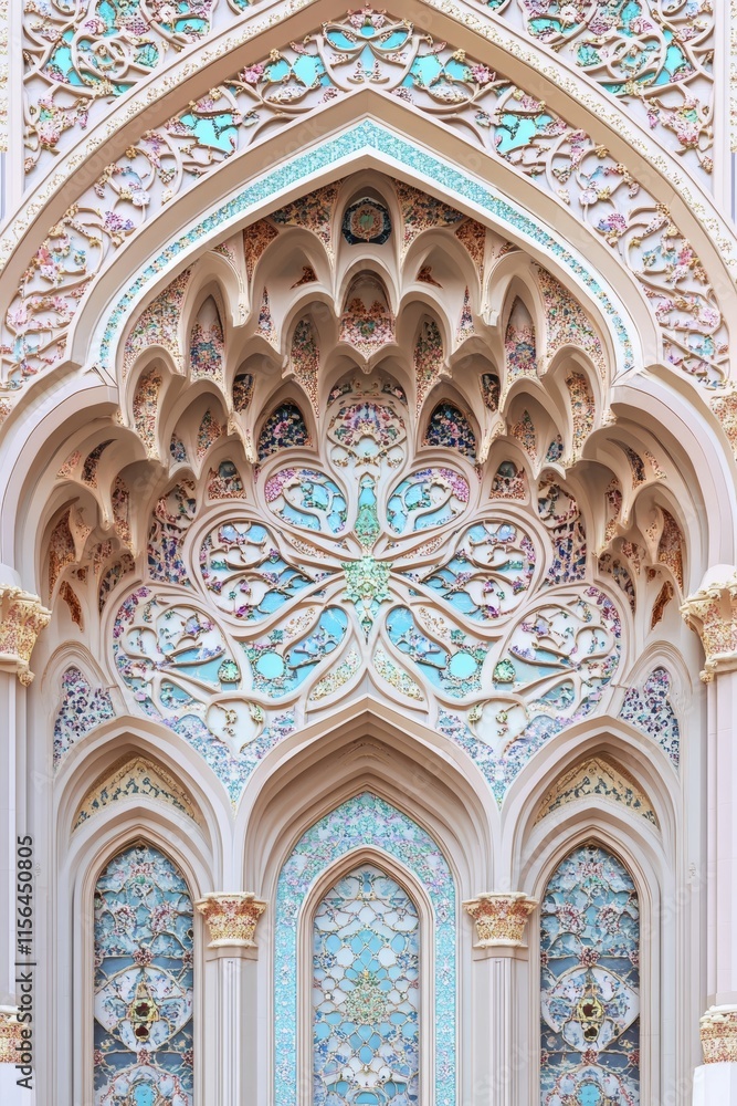 A mosque with blue and white arches. The arches are decorated with flowers. The mosque is in a foreign country A mosque with blue and white arches. The arches are decorated with flowers. The mosque is in a foreign country
