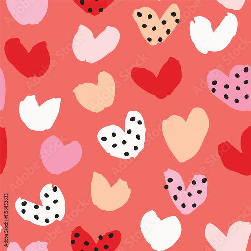 Simple cute hand painted brushy dotty hearts in a color palette of white, pink, beige, black and red on coral background. A seamless vector pattern. Great for home decor, fabric, wallpaper, gift wrap.