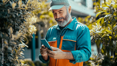 professional landscaper in uniform using their phone to access the internet. Outdoors. Bright and colorful with blue and grey. Construction Worker Using Smartphone