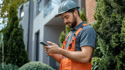 professional landscaper in uniform using their phone to access the internet. Outdoors. Bright and colorful with blue and grey. Construction Worker Using Smartphone