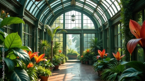 Sunlit Conservatory with Lush Tropical Plants