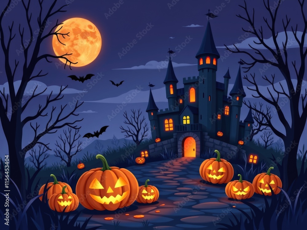 Spooky Halloween Castle Night Scene with Jack o lanterns Spooky Halloween Castle Night Scene with Jack o lanterns
