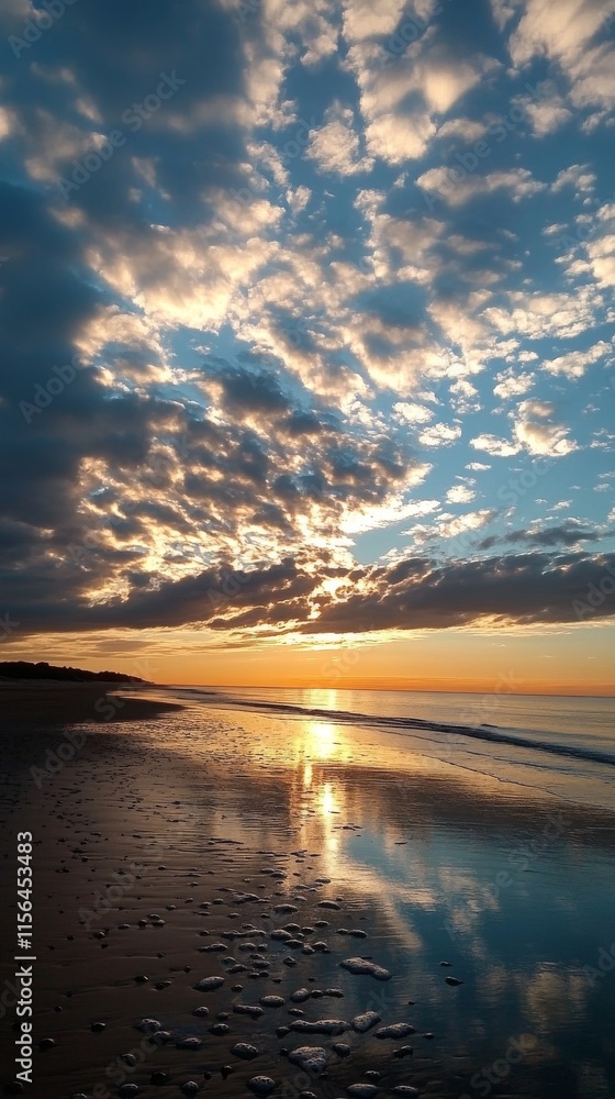 The sky is a beautiful mix of blue and orange, with the sun setting in the distance. The beach is calm and peaceful, with the water reflecting the colors of the sky The sky is a beautiful mix of blue and orange, with the sun setting in the distance. The beach is calm and peaceful, with the water reflecting the colors of the sky