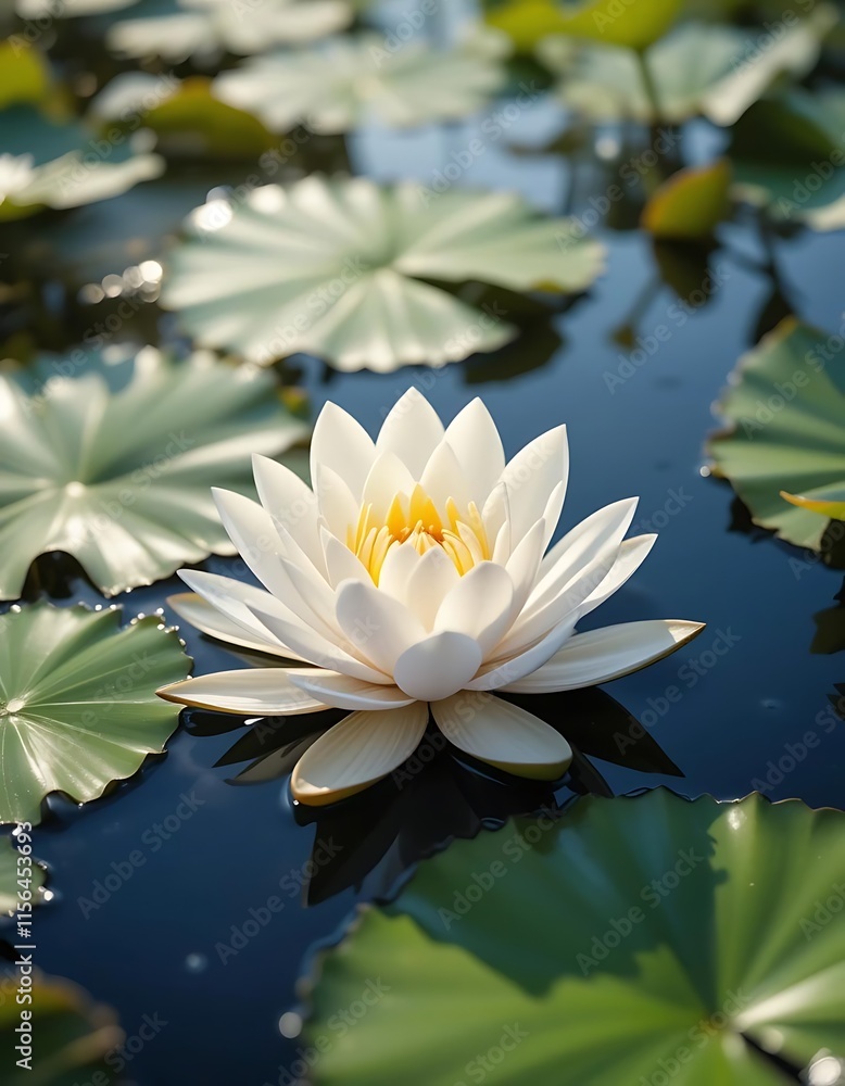 A Single White Water Lily Blooms Serenely Among Green Pads