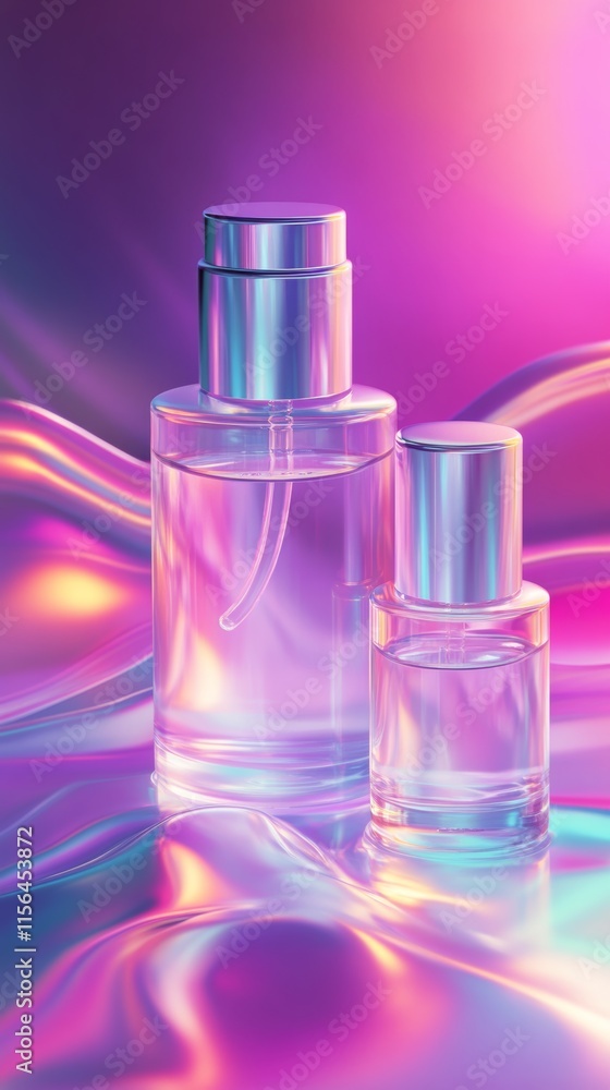 Two perfume bottles are displayed on a purple background Two perfume bottles are displayed on a purple background