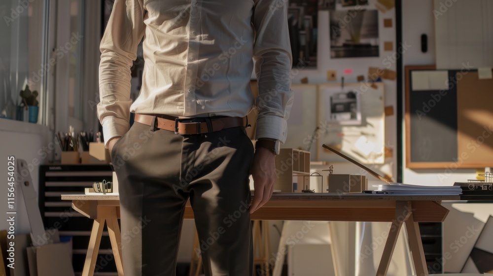 Midsection of businessman standing with hands in pockets in office, back view Midsection of businessman standing with hands in pockets in office, back view