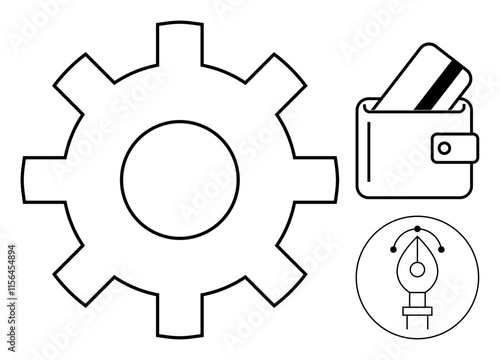 Gear wheel, wallet with card, and pen tool icon. Ideal for finance, banking, design, development, business processes technology and financial services. Line metaphor