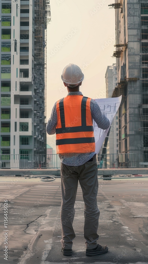 Engineer or architect working on blueprint at construction site with building background Engineer or architect working on blueprint at construction site with building background
