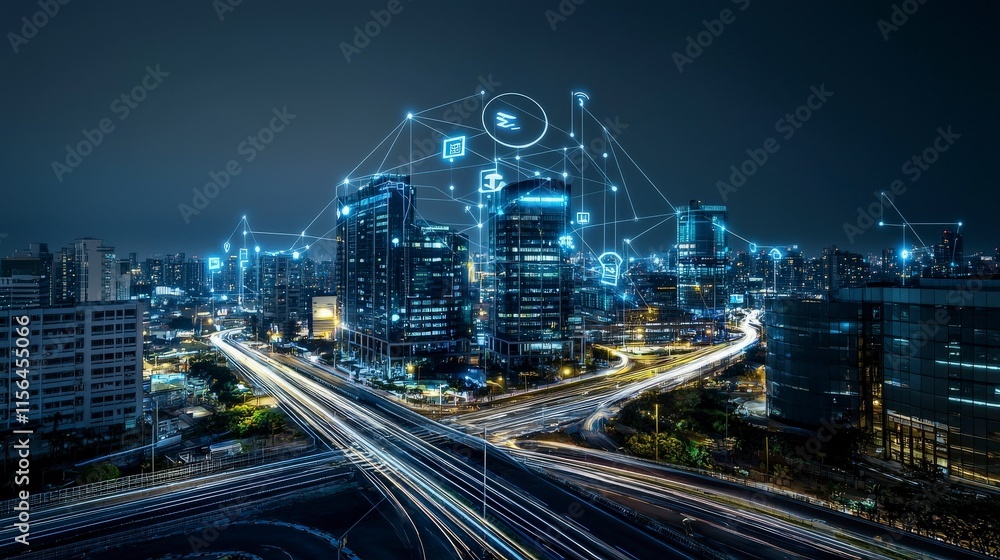 Naklejka premium Futuristic city networking scene urban metropolis nighttime view high-tech environment digital connectivity concept