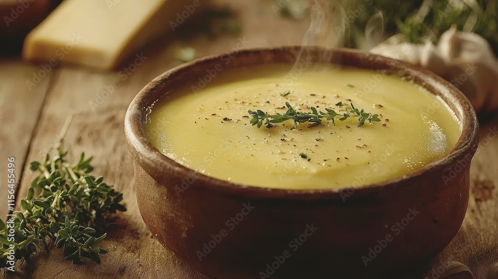 Close-Up of Creamy Mornay Sauce in Rustic Bowl with Garnish Close-Up of Creamy Mornay Sauce in Rustic Bowl with Garnish