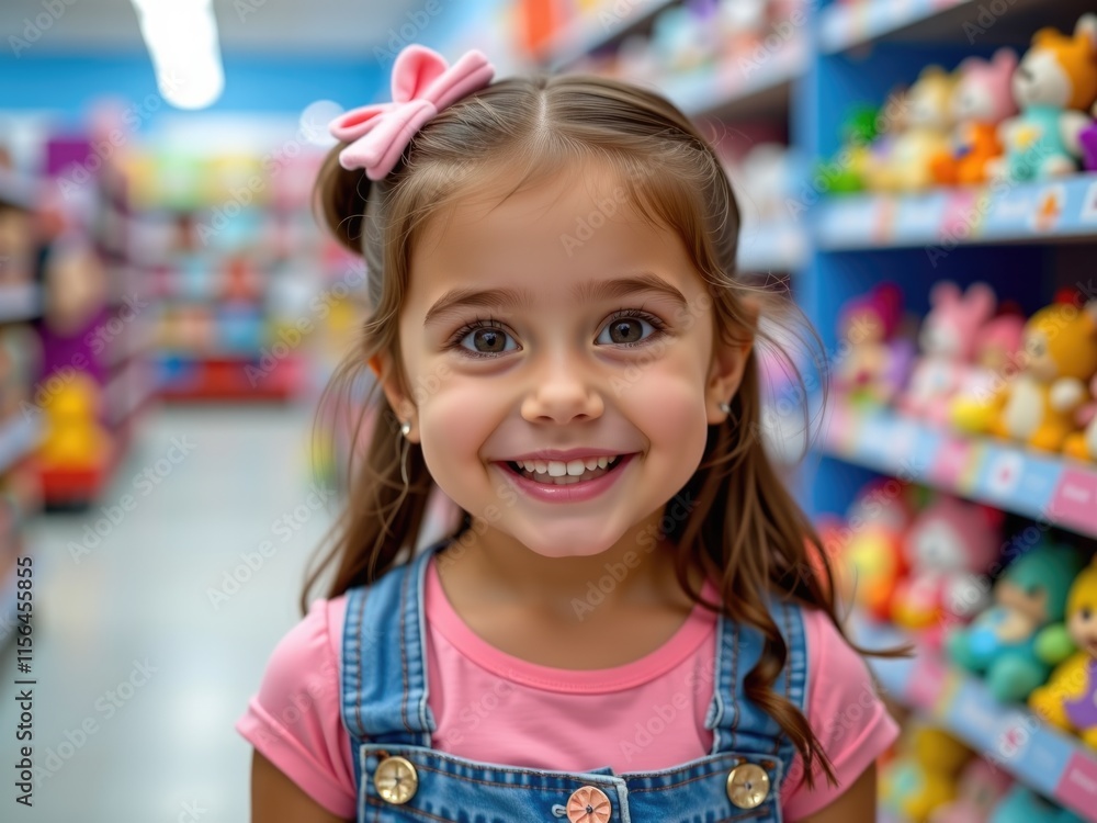 Happy Girl Smiling in Toy Store Child Shopping Fun Happy Girl Smiling in Toy Store Child Shopping Fun