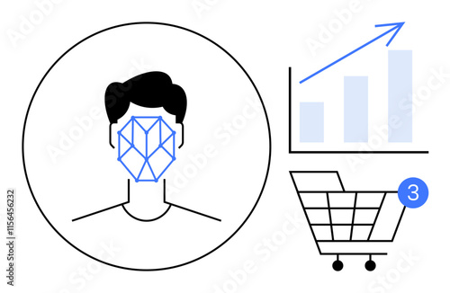 Facial recognition on human face, bar chart with upward arrow indicating growth, and shopping cart with notification. Ideal for technology, e-commerce, security, analytics, marketing, online