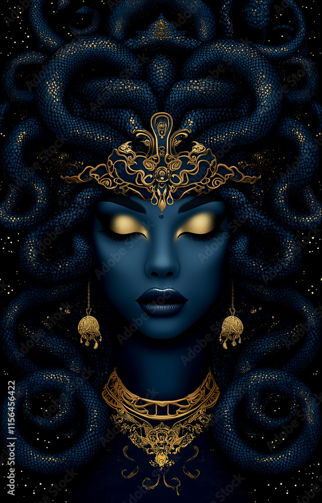 A woman with a snake headdress and gold jewelry. The woman is wearing a gold necklace and earrings A woman with a snake headdress and gold jewelry. The woman is wearing a gold necklace and earrings
