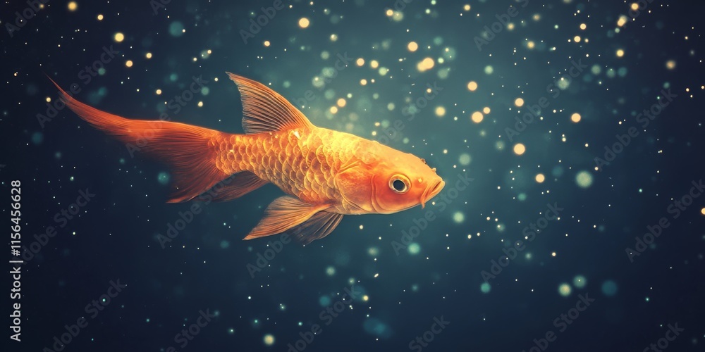 A goldfish swimming in a tank with a blue background. The tank is filled with water and the fish is swimming in the middle of the tank A goldfish swimming in a tank with a blue background. The tank is filled with water and the fish is swimming in the middle of the tank
