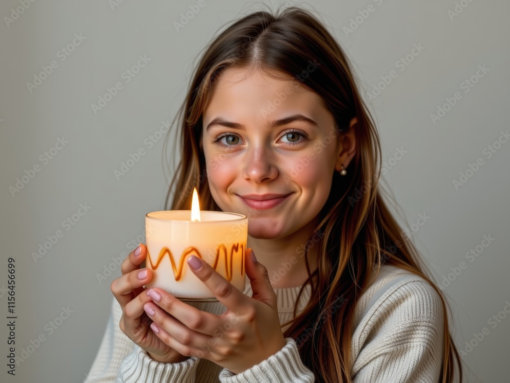 Woman Holding Lit Scented Candle Cozy Home Relaxation Woman Holding Lit Scented Candle Cozy Home Relaxation