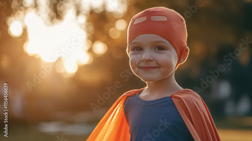 Cheerful young child dressed as a superhero, wearing a bright red cape and hat, smiling confidently in the warm glow of sunset in a park setting.
