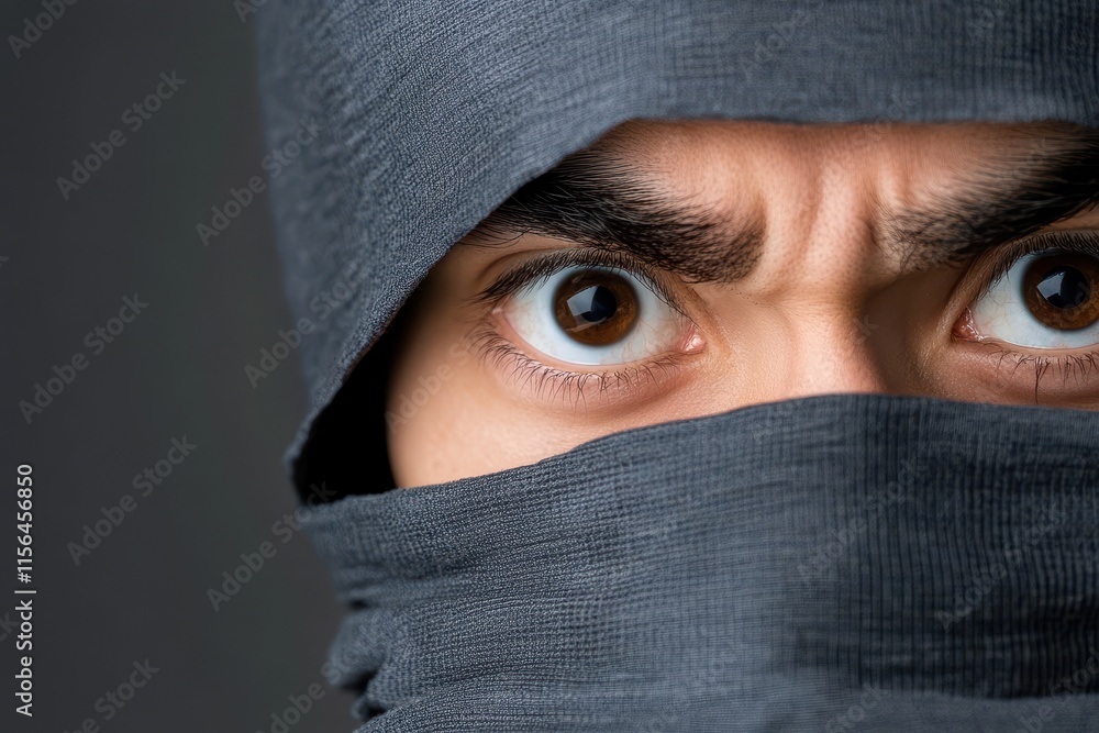 Close-up of a person's eyes with an intense gaze, partially covered by dark fabric, suggesting mystery or concealment. Close-up of a person's eyes with an intense gaze, partially covered by dark fabric, suggesting mystery or concealment.