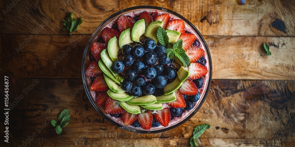 Colorful Fruit Salad Display in Clear Glass Bowl on Rustic Table Colorful Fruit Salad Display in Clear Glass Bowl on Rustic Table