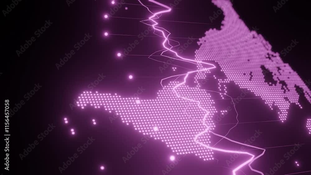 Digital map of South America with pink glowing data points and line graphs. Futuristic financial analytics and global business concept. 3D rendering for technology and investment themes