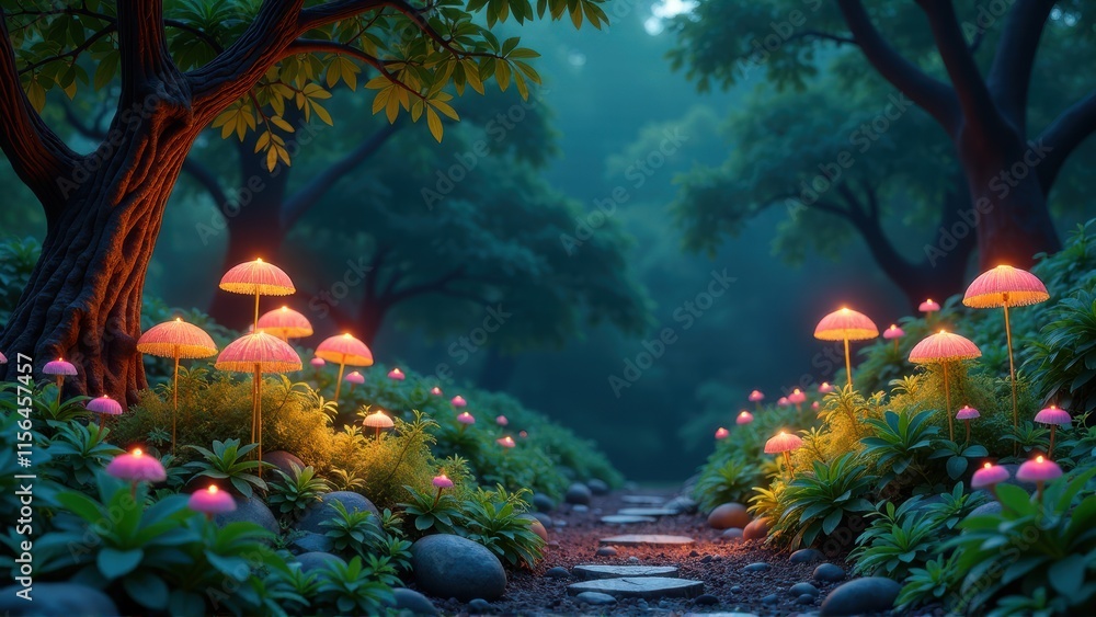 Enchanting Illuminated Mushroom Path in a Mystical Forest Enchanting Illuminated Mushroom Path in a Mystical Forest