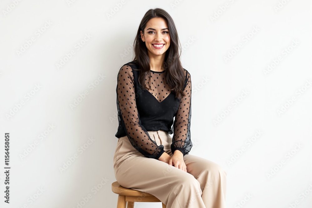 Smiling woman in stylish sheer polka-dot top and beige pants, sitting on a wooden stool, against a plain white background. Concept of elegance. Ai generative Smiling woman in stylish sheer polka-dot top and beige pants, sitting on a wooden stool, against a plain white background. Concept of elegance. Ai generative