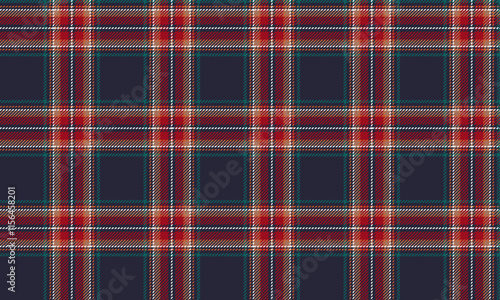 Plaid fabric pattern, navy blue, red, yellow, white, beautiful distinctive cross lines, seamless for textiles, and for designing clothes, skirts, pants or decorative fabrics. Vector illustration.