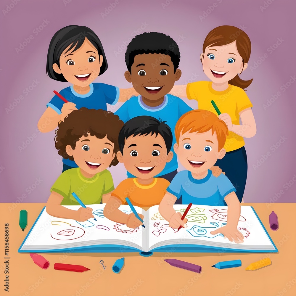 Creative Fun Happy Kids Drawing Together on a Big Book Creative Fun Happy Kids Drawing Together on a Big Book