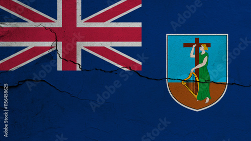 Montserrat flag on cracked wall background, flag with crack line photo