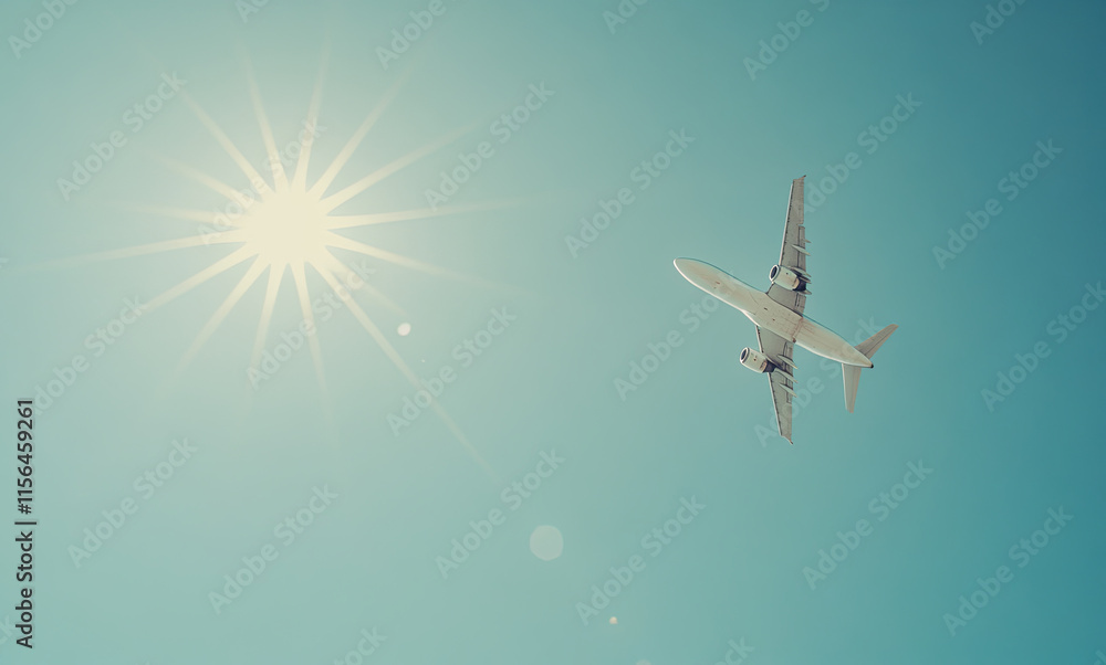 A white airplane flying in the sky, with a clear blue background and the sun shining, stock photo A white airplane flying in the sky, with a clear blue background and the sun shining, stock photo