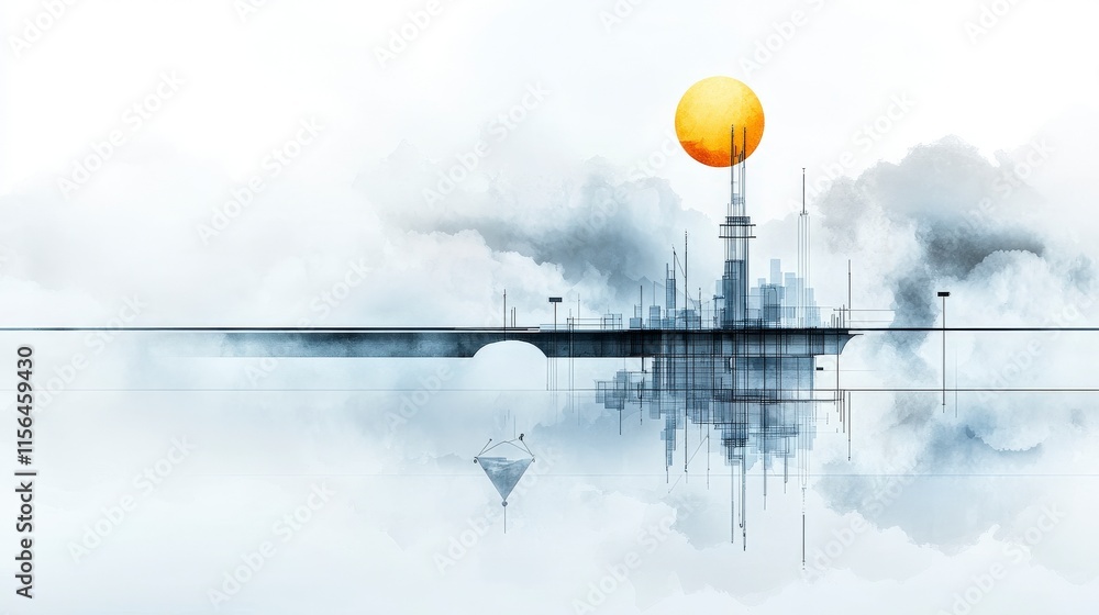 Minimalist graphic illustrating relationship between nature and industry abstract environment digital art concept Minimalist graphic illustrating relationship between nature and industry abstract environment digital art concept